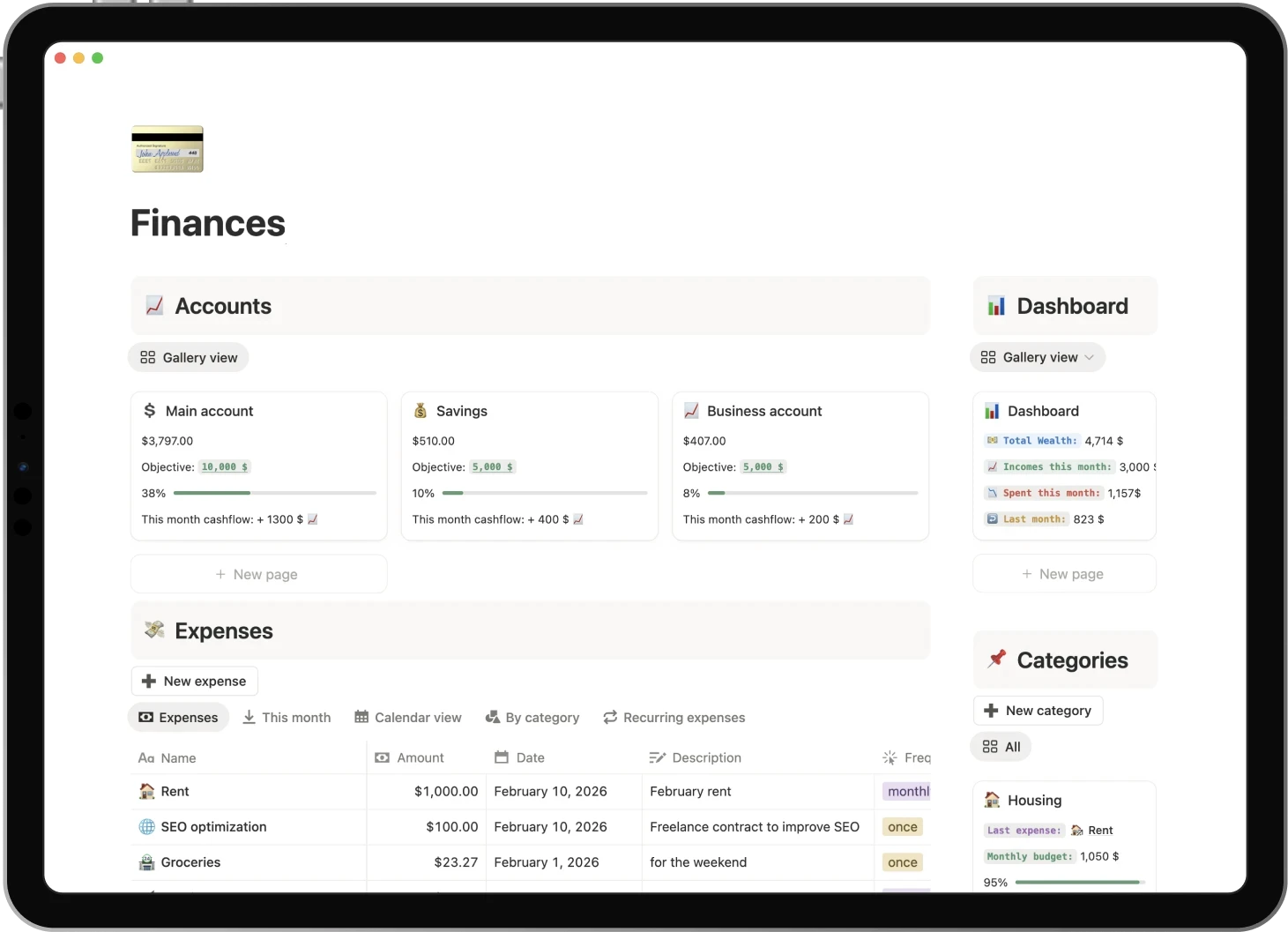 Ipad displaying the Finances template: track expenses & incomes, monitor your budget.