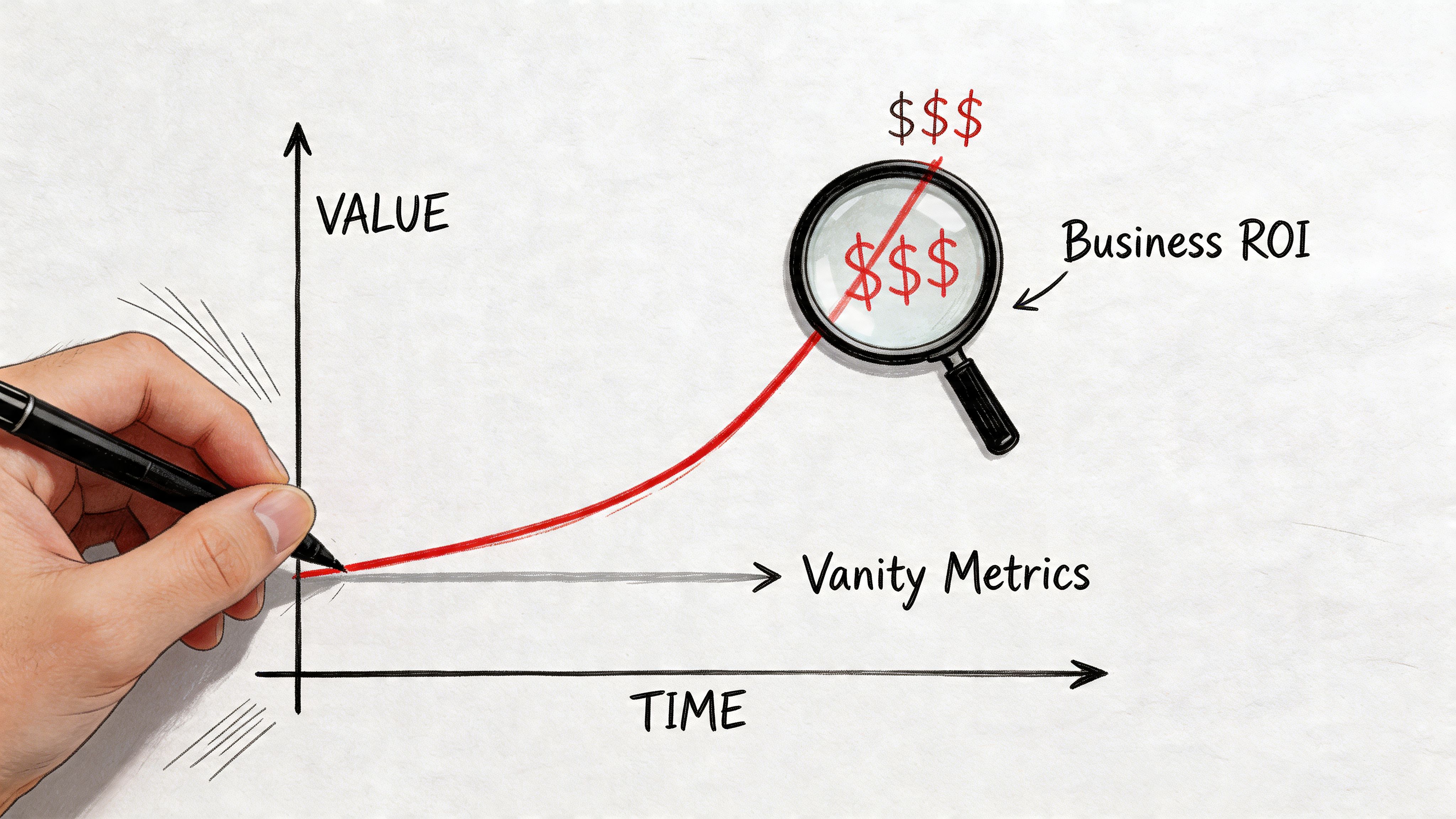 A hand drawing a graph showing Business ROI increasing while Vanity Metrics remain flat over time.