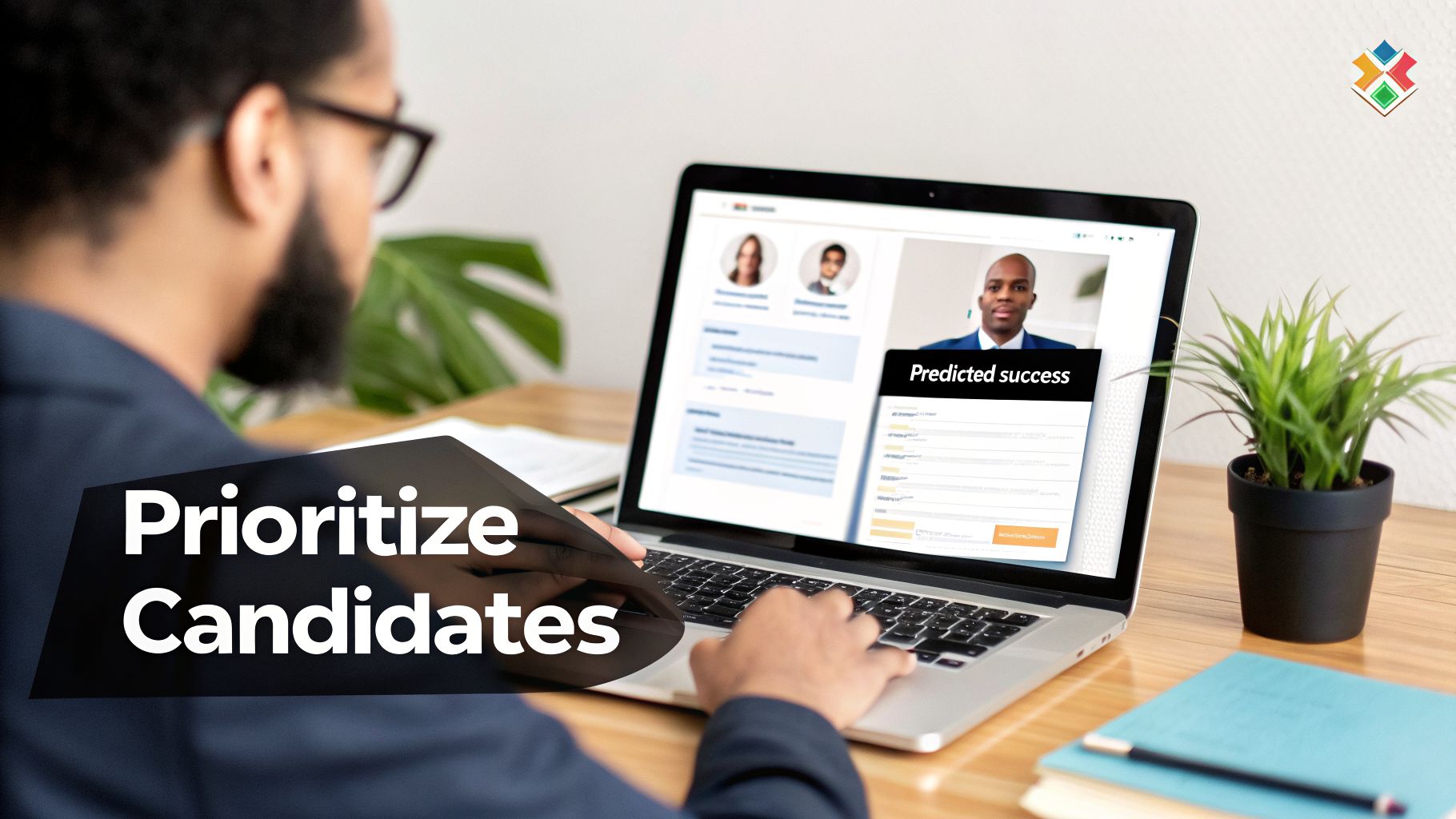 A person uses a laptop to prioritize job candidates with predicted success scores.