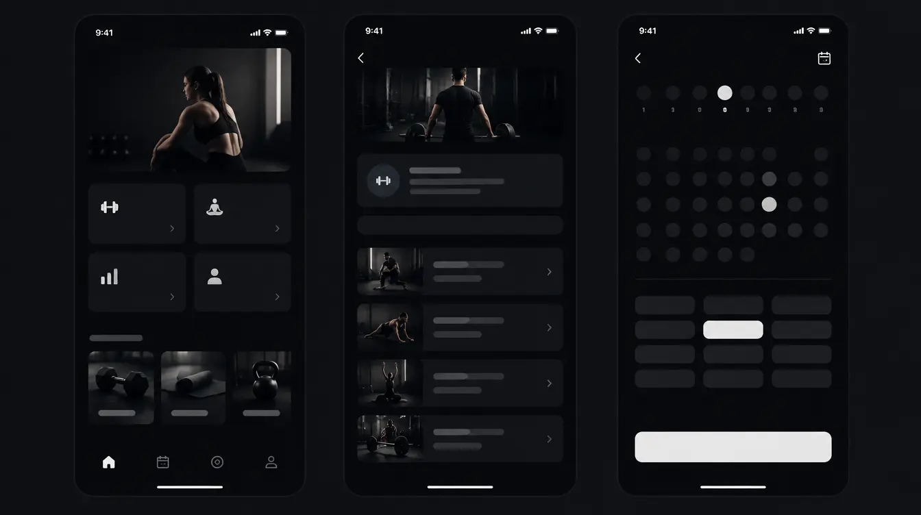 Grid of three UI screens showing the home page, program overview and booking calendar