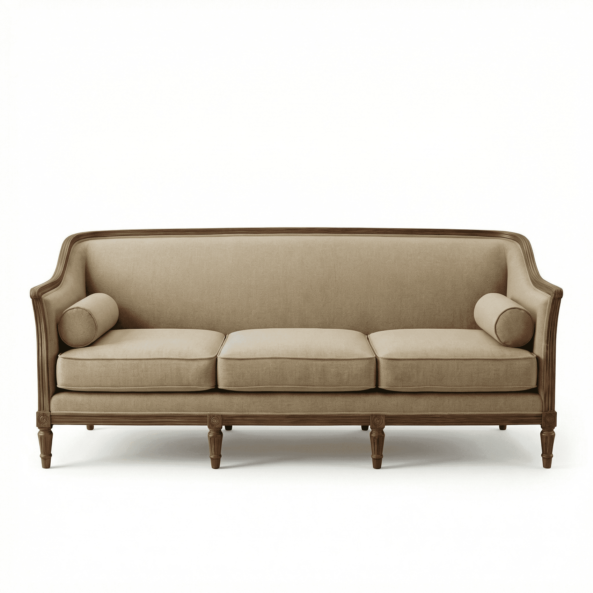 Minimal classic sofa with straight arms, tailored upholstery, and slim wooden legs