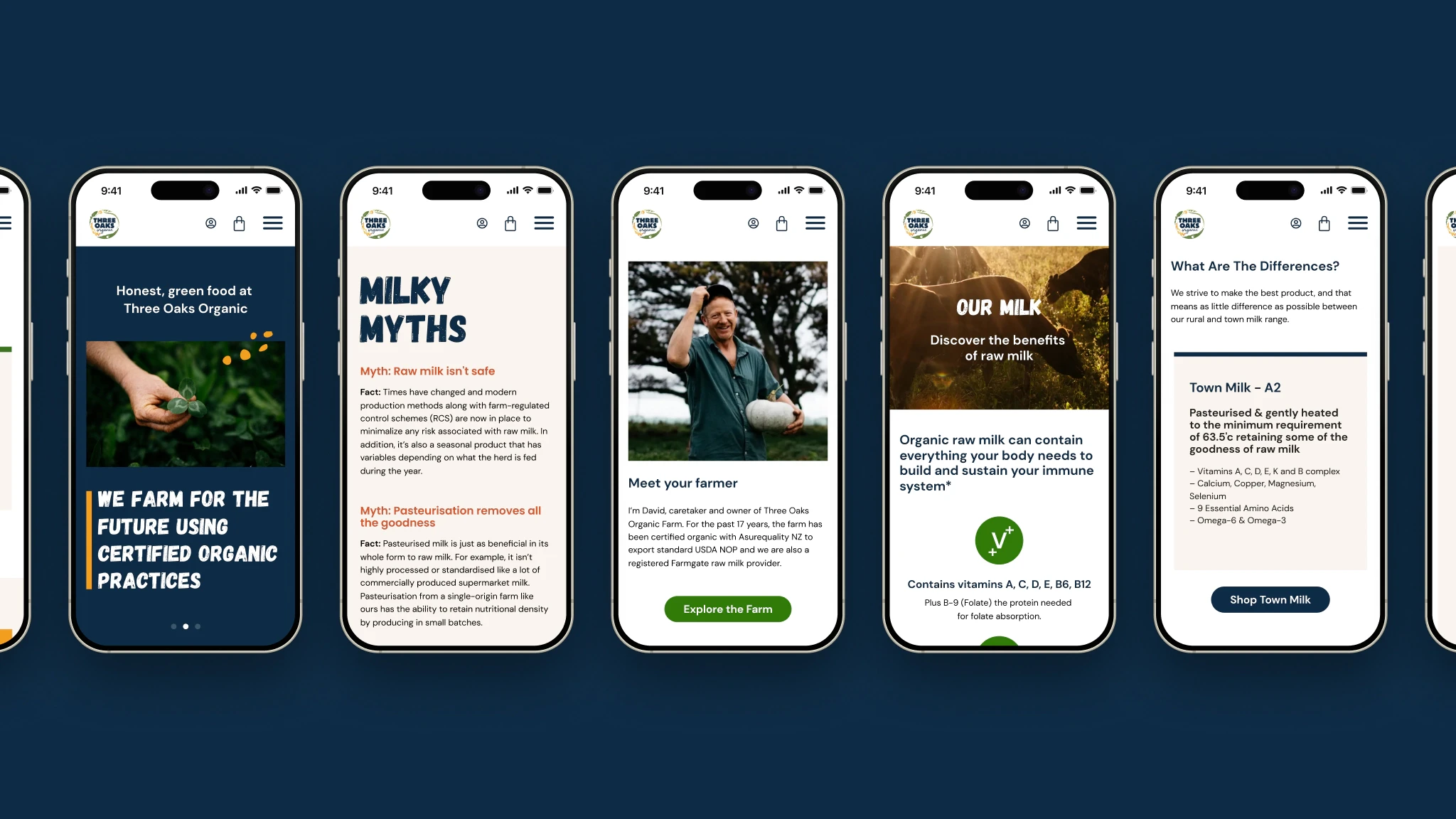 Selection of mobile website screenshots from Three Oaks Organic Wesbite.