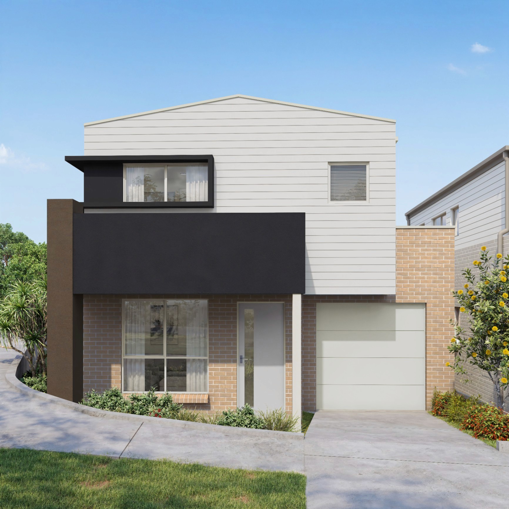 Modern double-storey house facade at Madison Gardens Austral with garage and landscaped front yard, secure with $10K using Coposit
