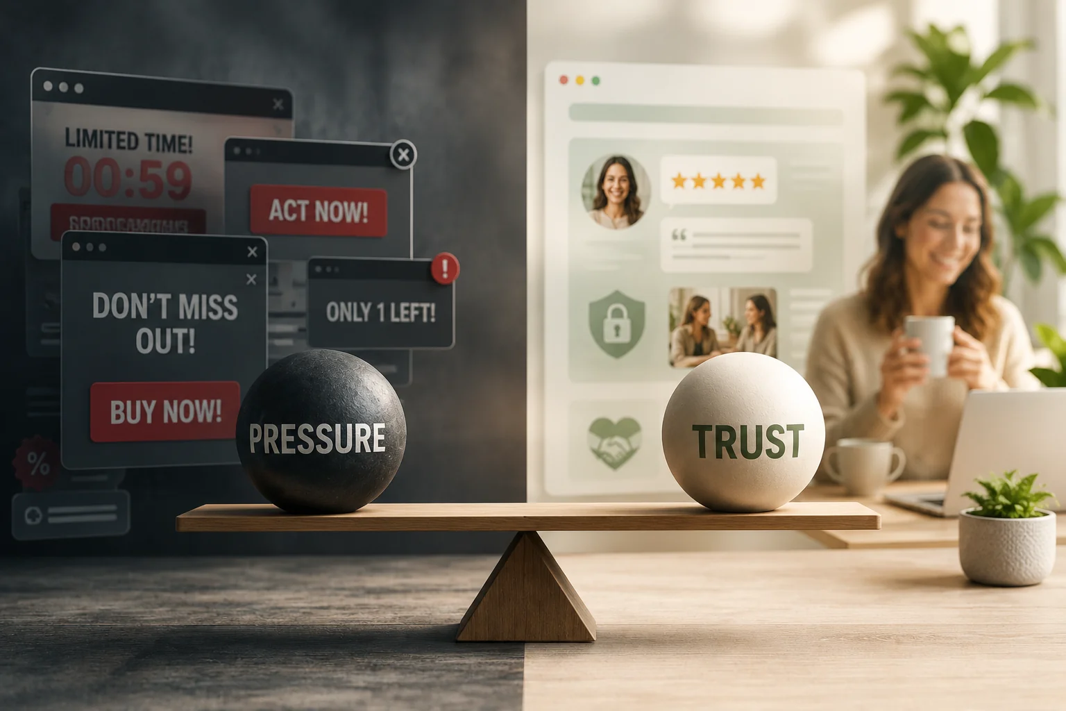 A balance scale weighing a dark "Pressure" ball surrounded by pushy pop-ups like "Limited time" and "Buy now" against a light "Trust" ball with star reviews and a security badge, tipping toward trust.