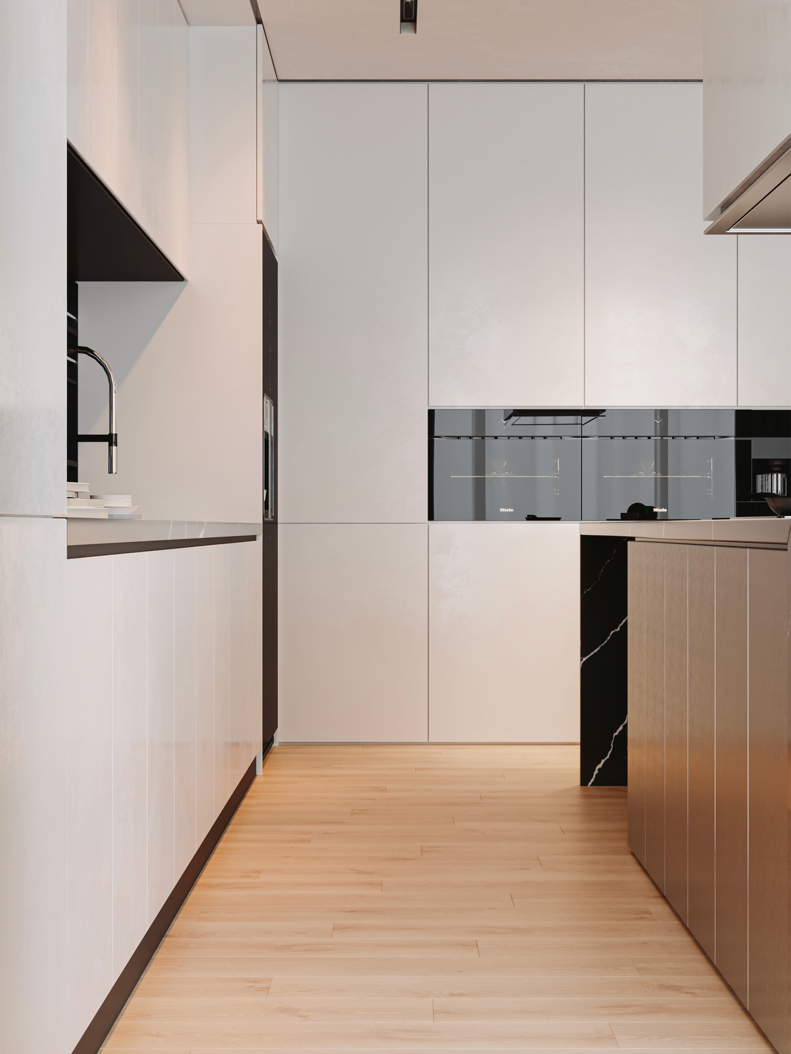 Rendering di cucina con armadiature filomuro bianco opaco e coppia di forni elettrici neri a incasso. Design senza maniglie (push-pull) e isola laterale con finitura metallica e inserto in marmo nero. Rubinetteria di design a sinistra.
