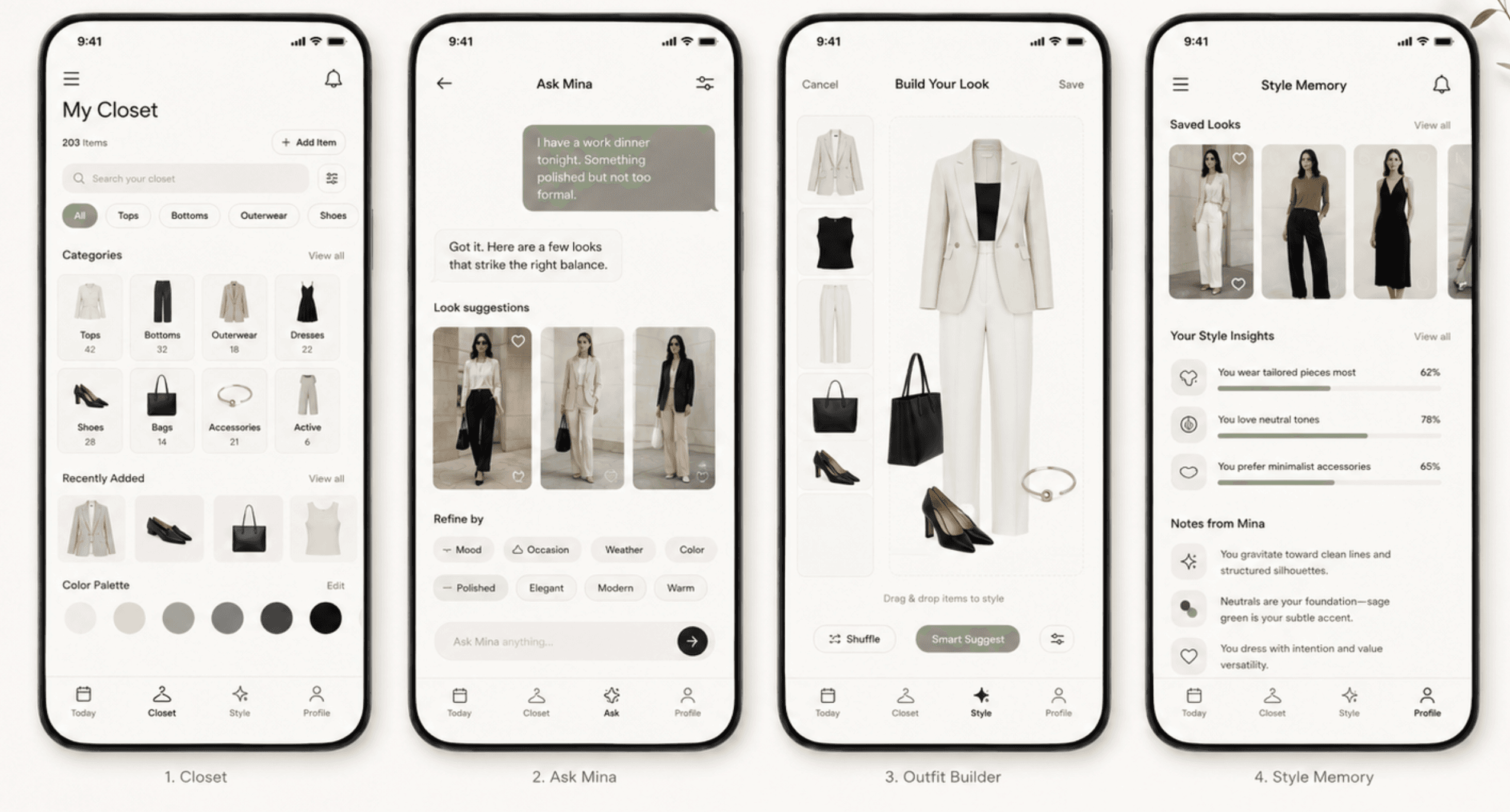 Mina app screens: Closet, Ask Mina, Outfit Builder, and Style Memory