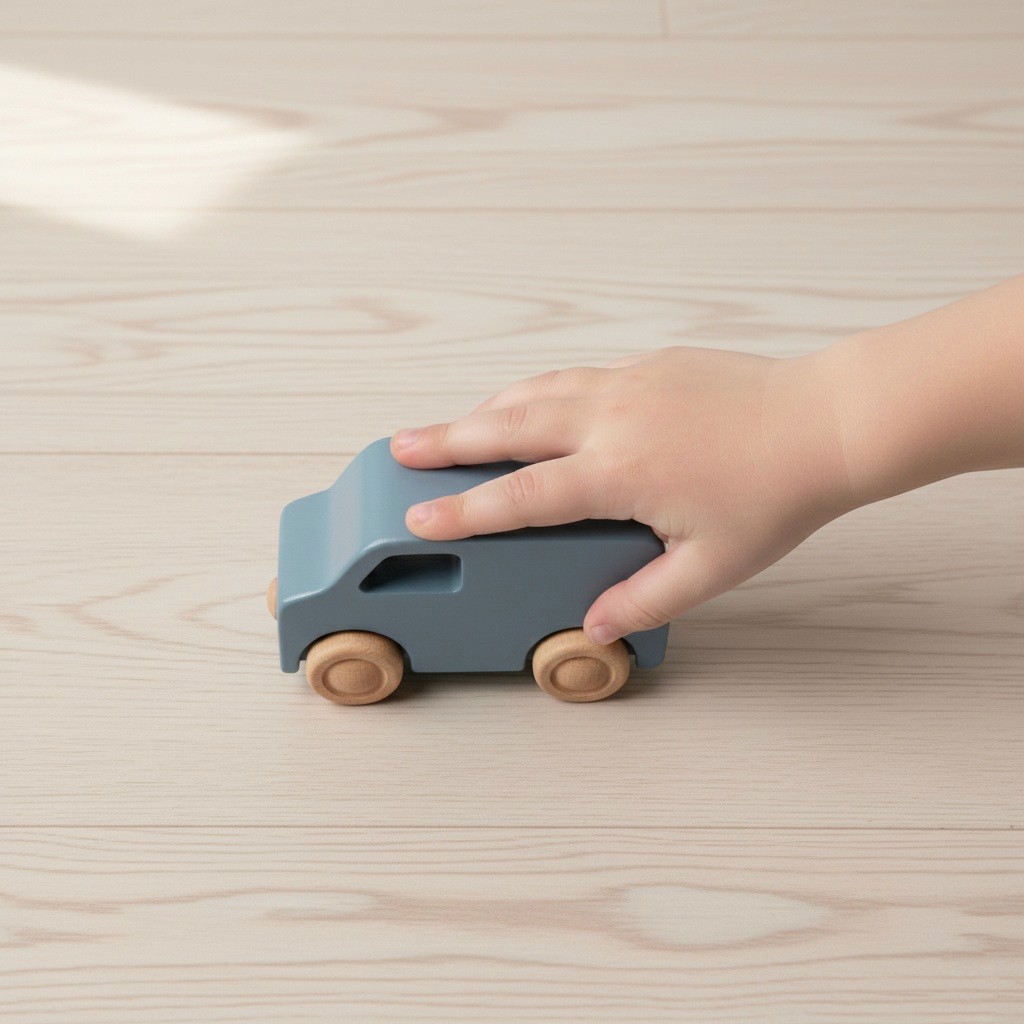 A child's hand pushing a minimalist blue wooden toy van across a light-colored wooden surface.