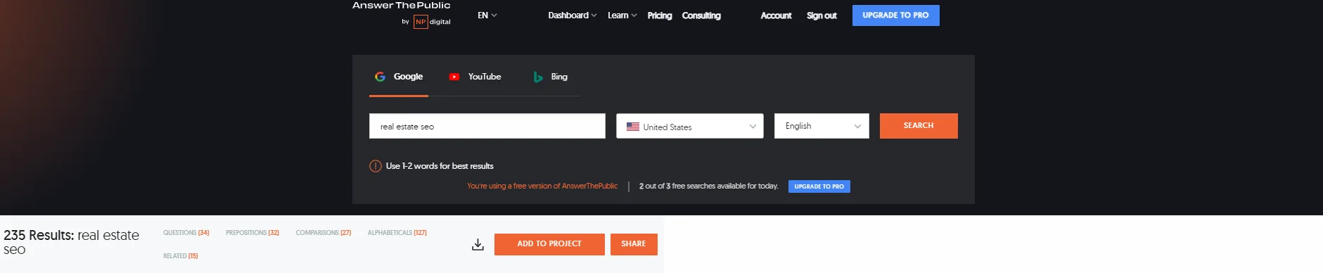 Home page of Answer the Public