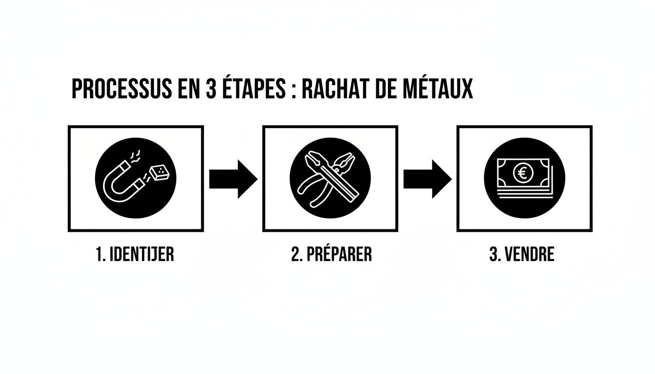 Infographie illustrant le processus en 3 étapes de rachat de métaux : identifier, préparer et vendre.