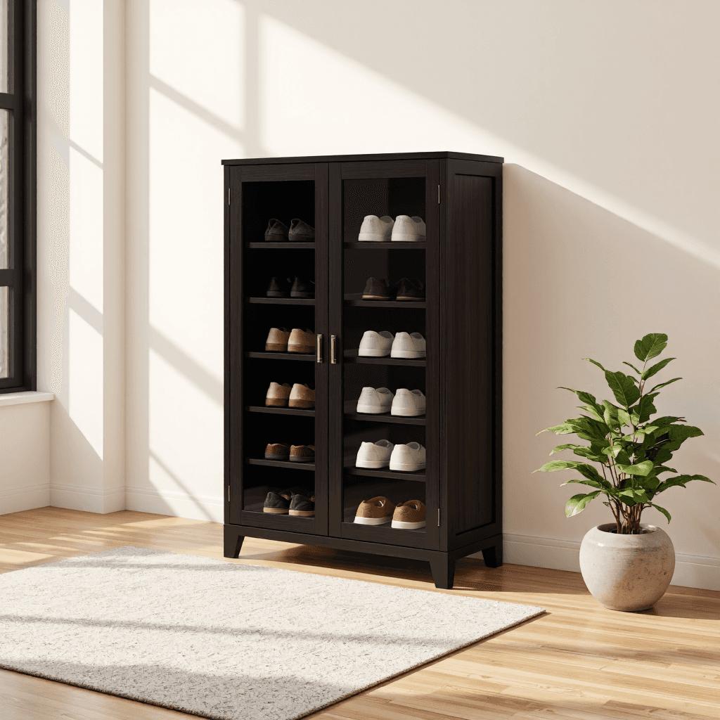 product photography of a shoe storage cabinet with glass doors