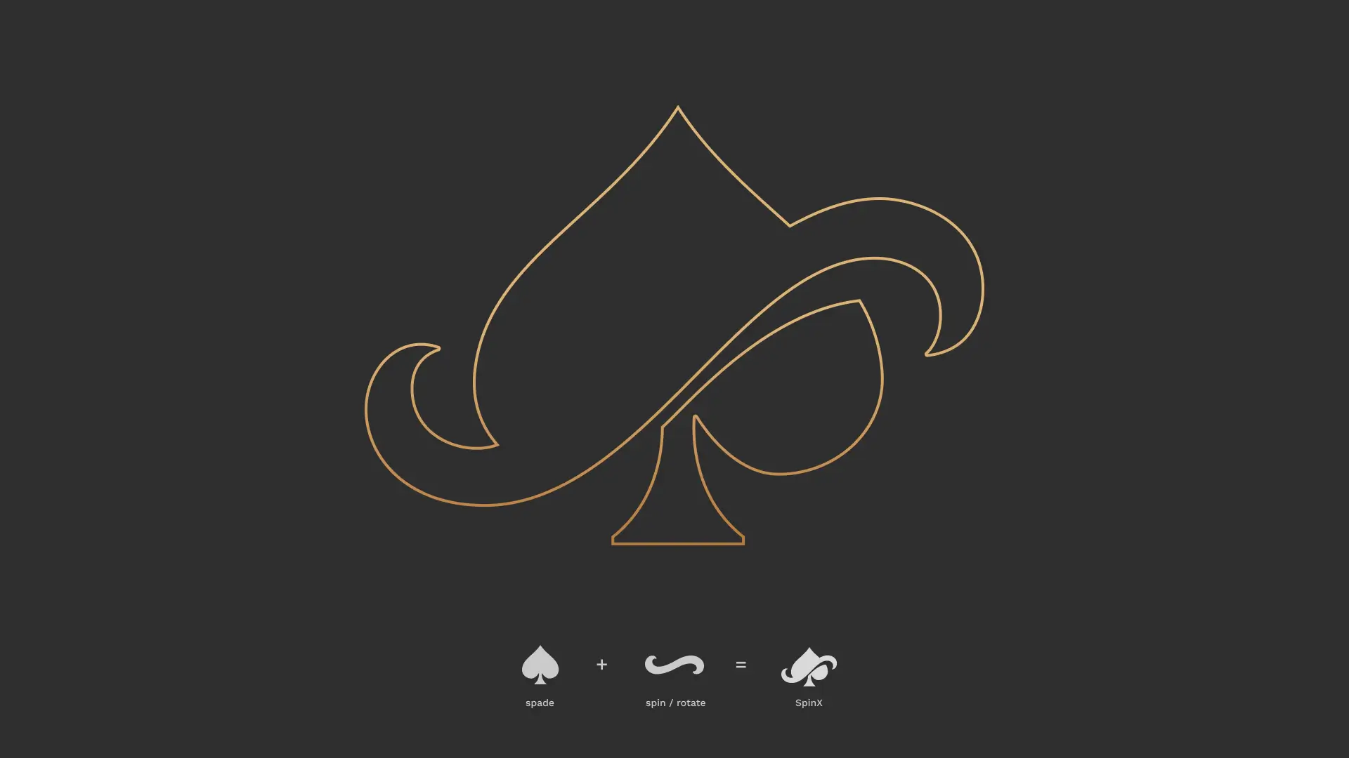 A sleek, stylized spade symbol outlined in gold appears on a dark background, merging a spade and spiraled line below. Minimalist and creative design.
