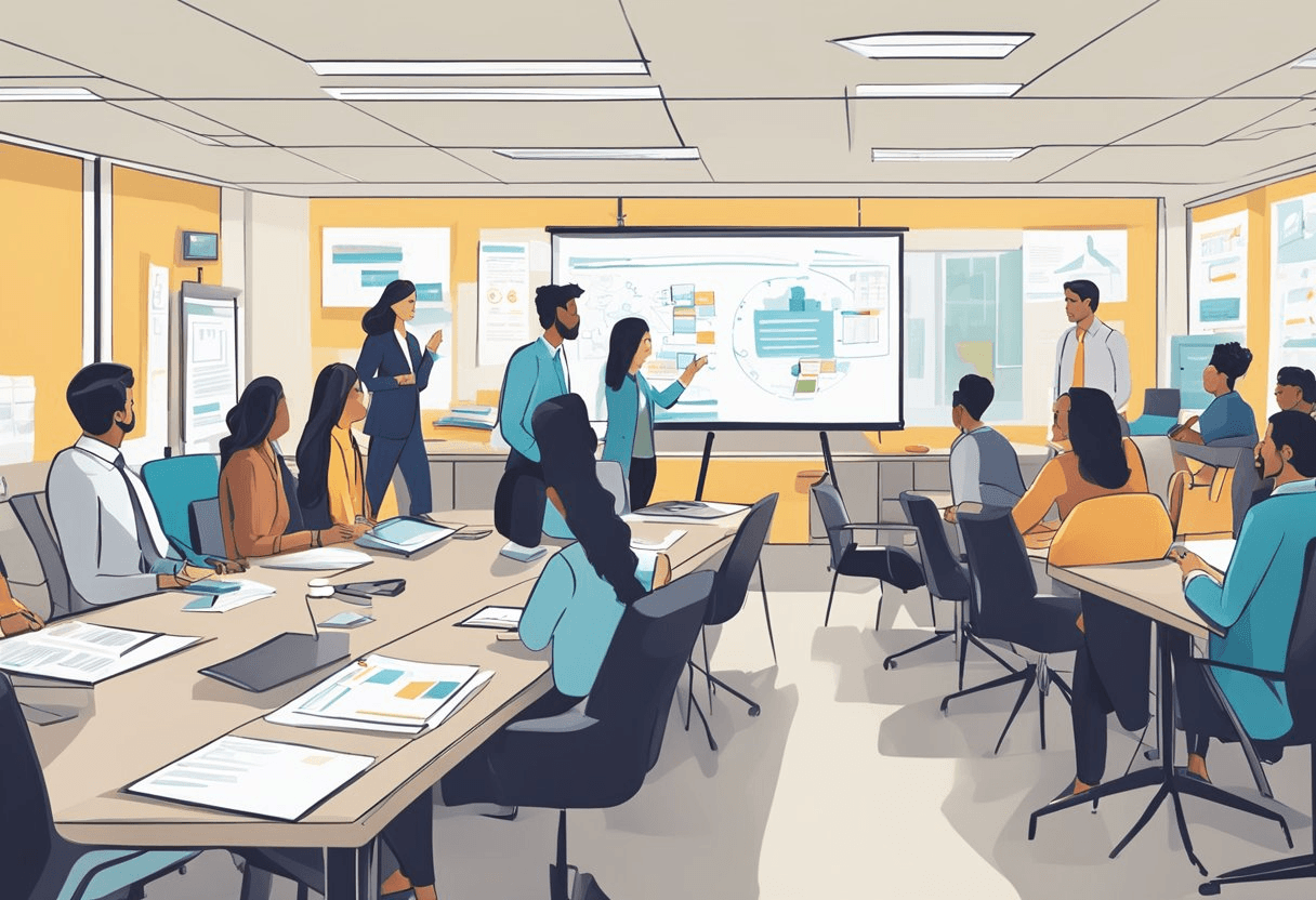 A conference room with a whiteboard filled with recruitment strategies, a desk with job offer templates, and HR professionals engaged in discussion