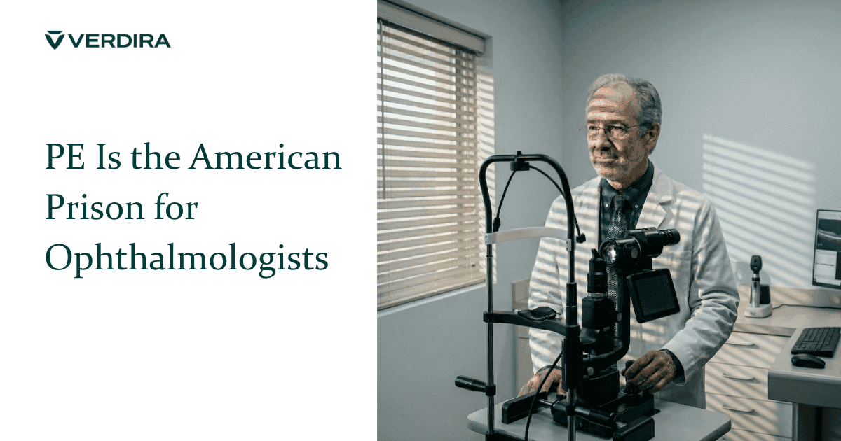 Ophthalmologist in white coat standing behind slit lamp in exam room with shadow lines from venetian blinds across his chest and OCT scan visible on monitor