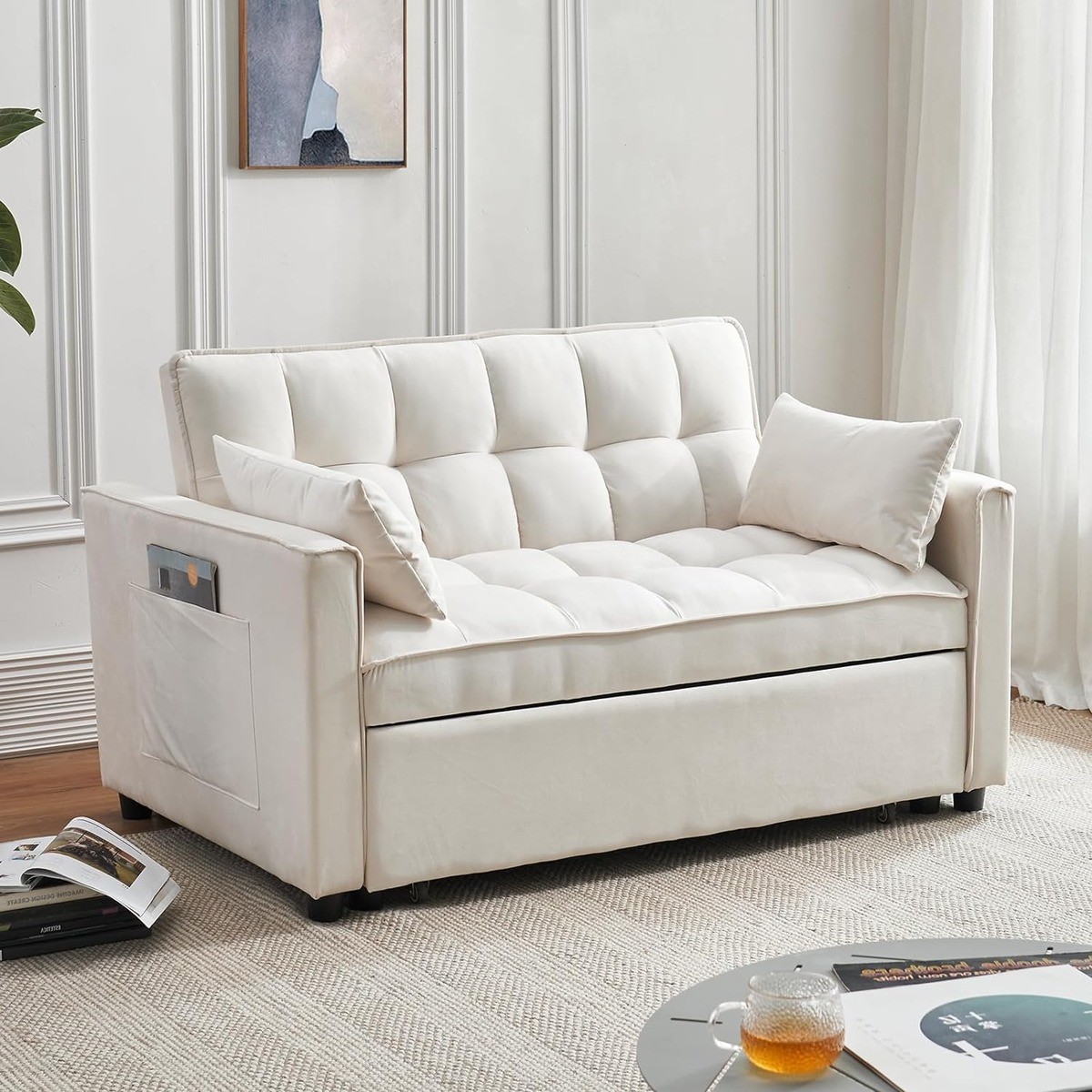 White adjustable backrest sofa bed with side storage pocket in a cozy living room