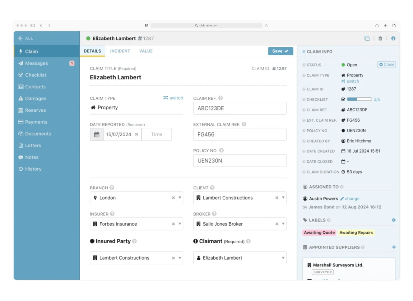 The Claimable claims management software interface displaying a property insurance claim.