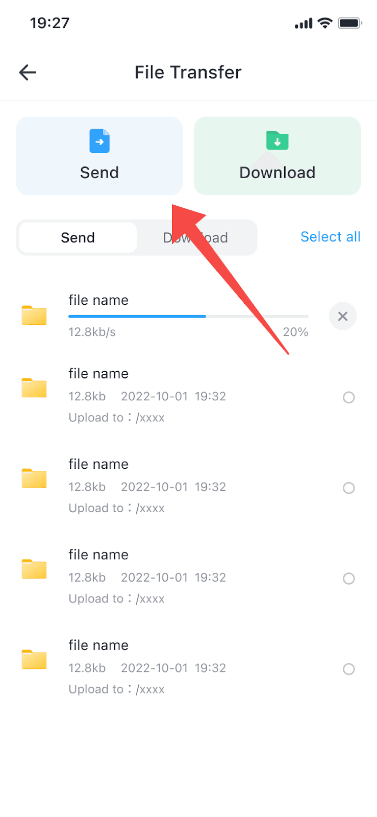 DeskIn File Transfer screen highlighting the Send button during upload