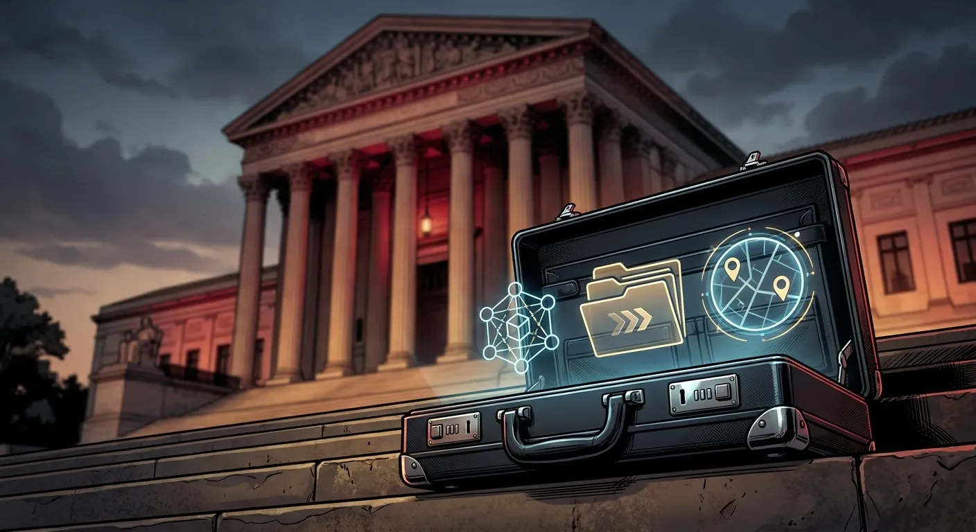 RockN' Socials briefcase on steps, symbolizing digital marketing strategy.