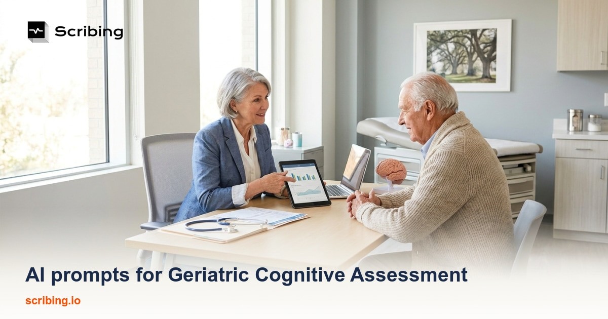 Geriatrician conducting a cognitive assessment with an elderly patient in a modern clinical setting with AI-assisted documentation tools