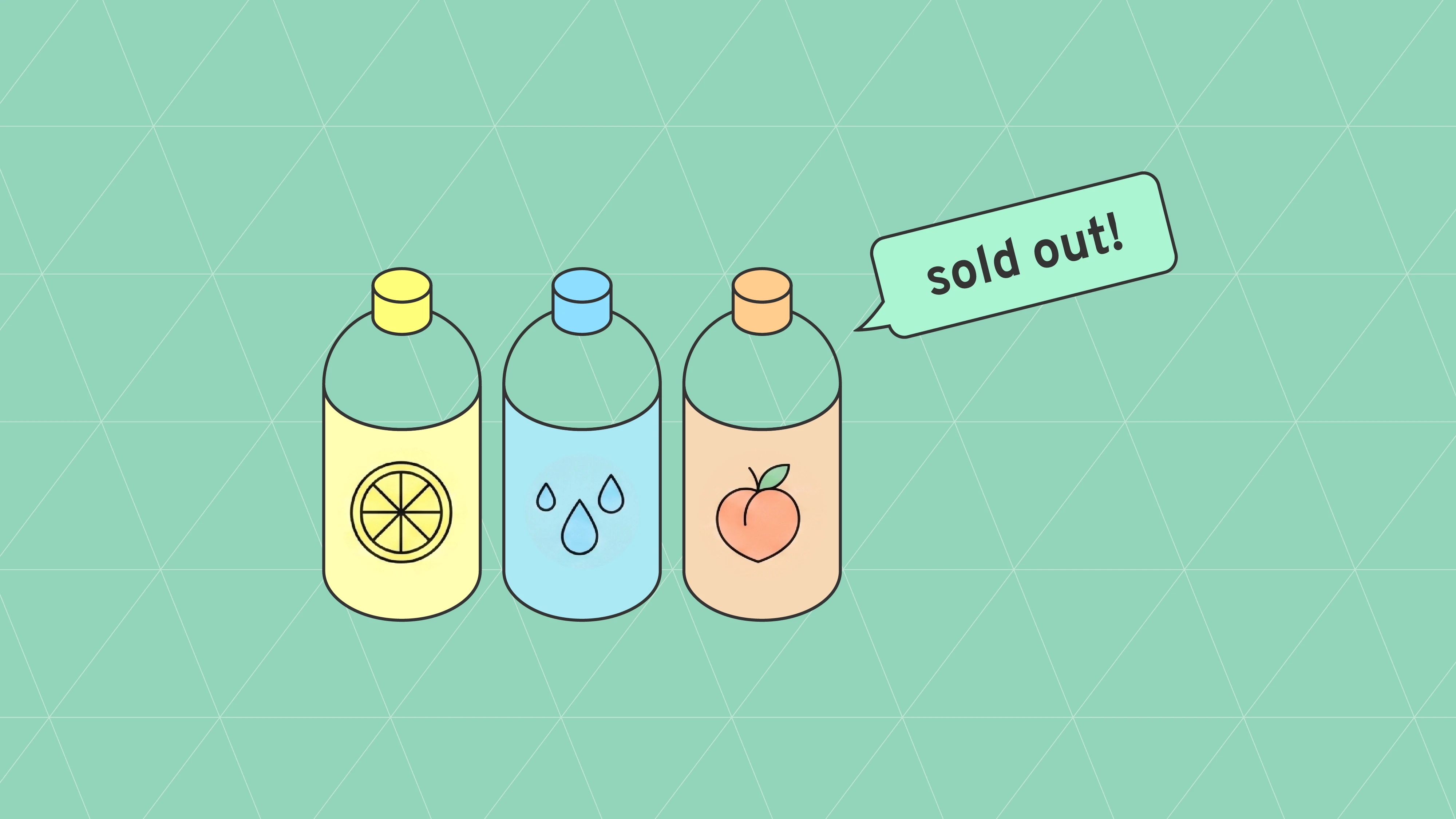 Three illustrated bottles with a "sold out" speech bubble, representing out-of-stock inventory challenges for CPG brands.