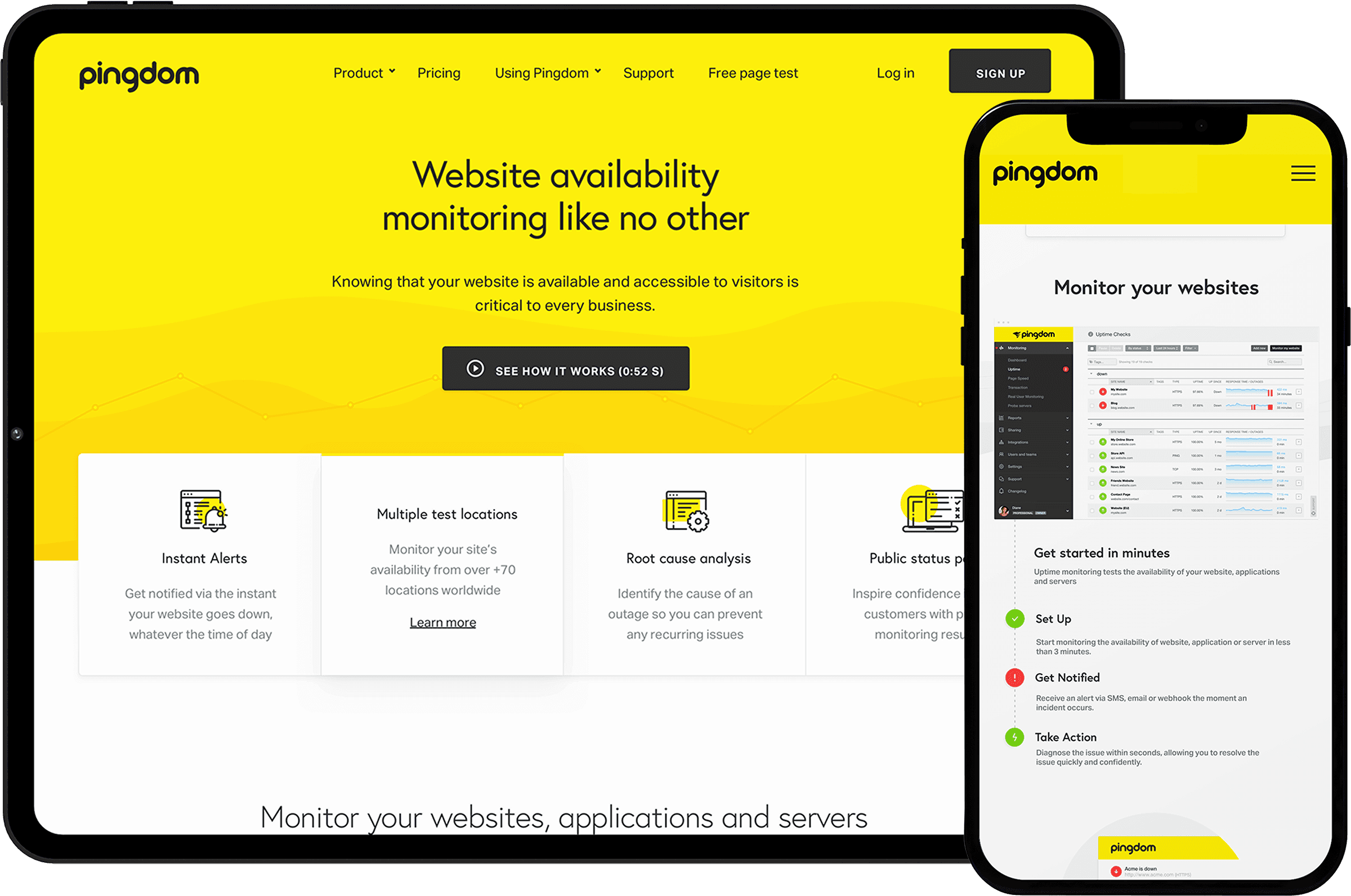 A mockup of the Pingdom website seen on an iPad and an iPhone