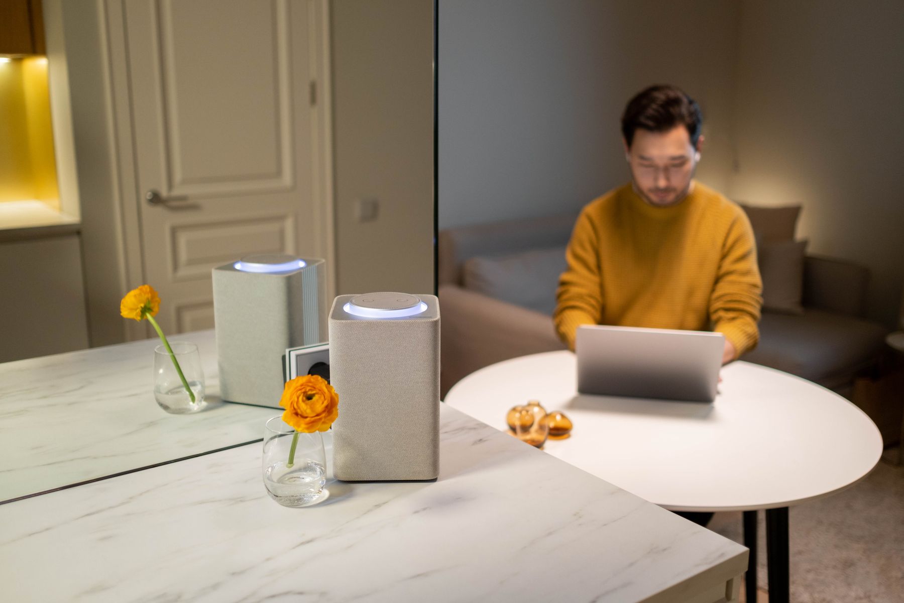 Smart speakers on a table with a person using a laptop