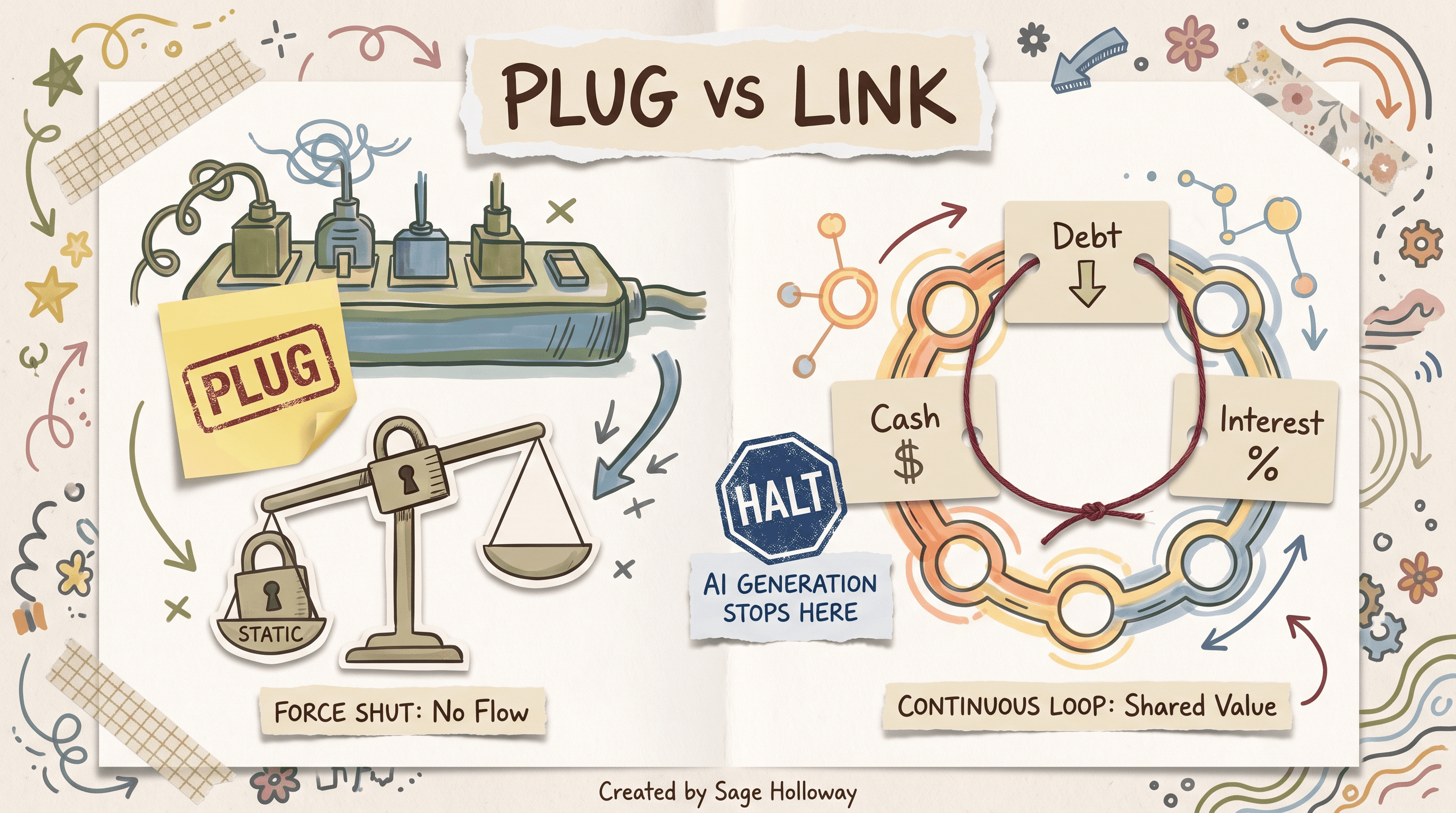 Scrapbook diagram comparing static balance-sheet plugs to a true circular debt-sweep link