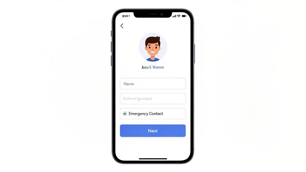 A smartphone displays a user profile setup screen with an avatar, name, and emergency contact fields.