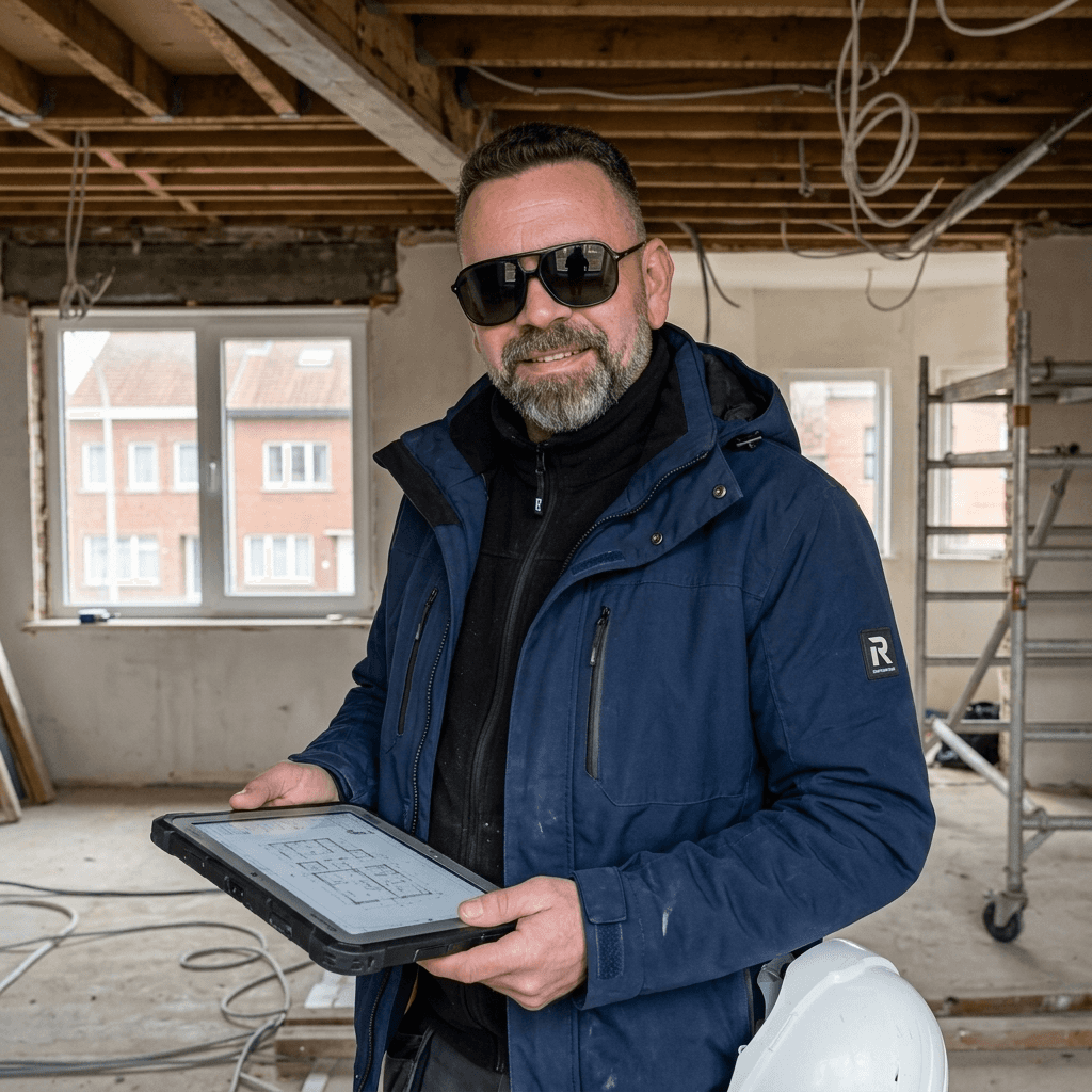 Sébastien Zucheto sur un chantier de rénovation intérieure, consultant des plans techniques dans un appartement en transformation.