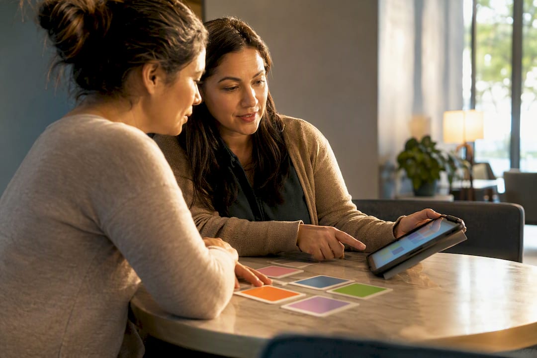 A caregiver and a professional review an AI support tool together on a tablet