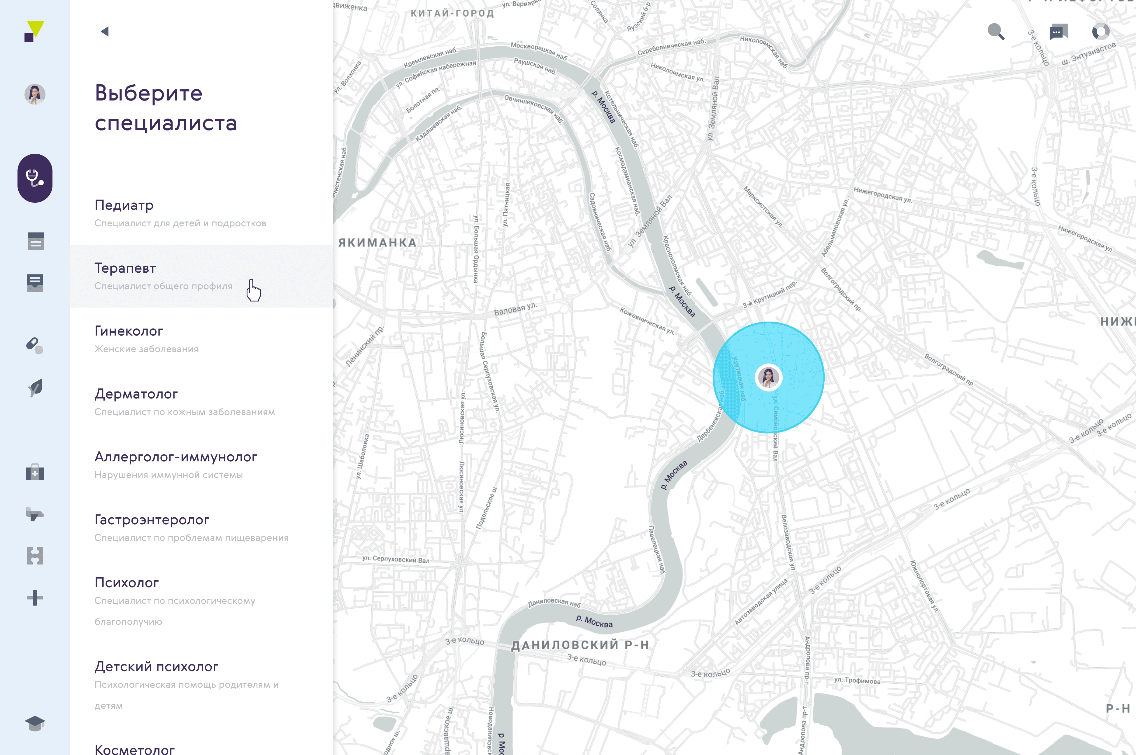Map interface for selecting a medical specialist with clinic location highlighted.