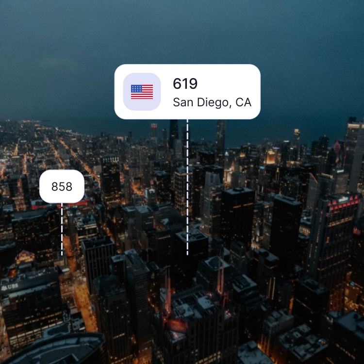 City skyline of San Diego showing the 619 area code and surrounding area codes