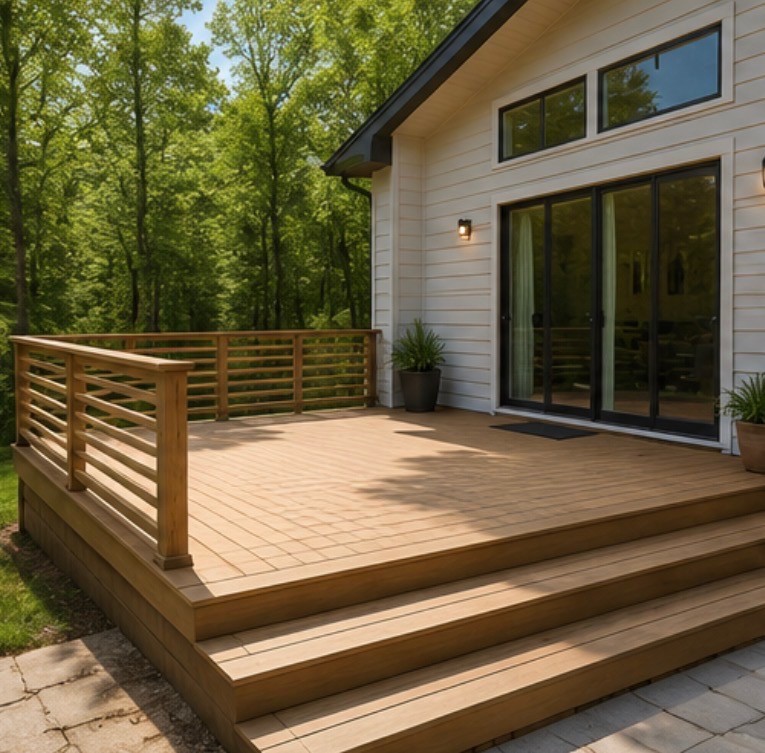 Finished backyard deck with seating and railing