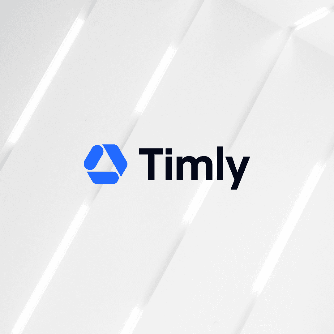 Timly blue symbol and black wordmark on a white background with light streaks, reflecting the brand's corporate visual identity.
