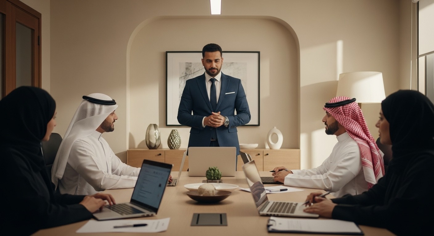 A meeting scene with four individuals, two men in traditional Saudi thobes and two women in hijabs, sitting at a conference table with open laptops. A fifth person, a man in a business suit, is standing and speaking to them. The image is used on a website for a No-Code Agency in Egypt.