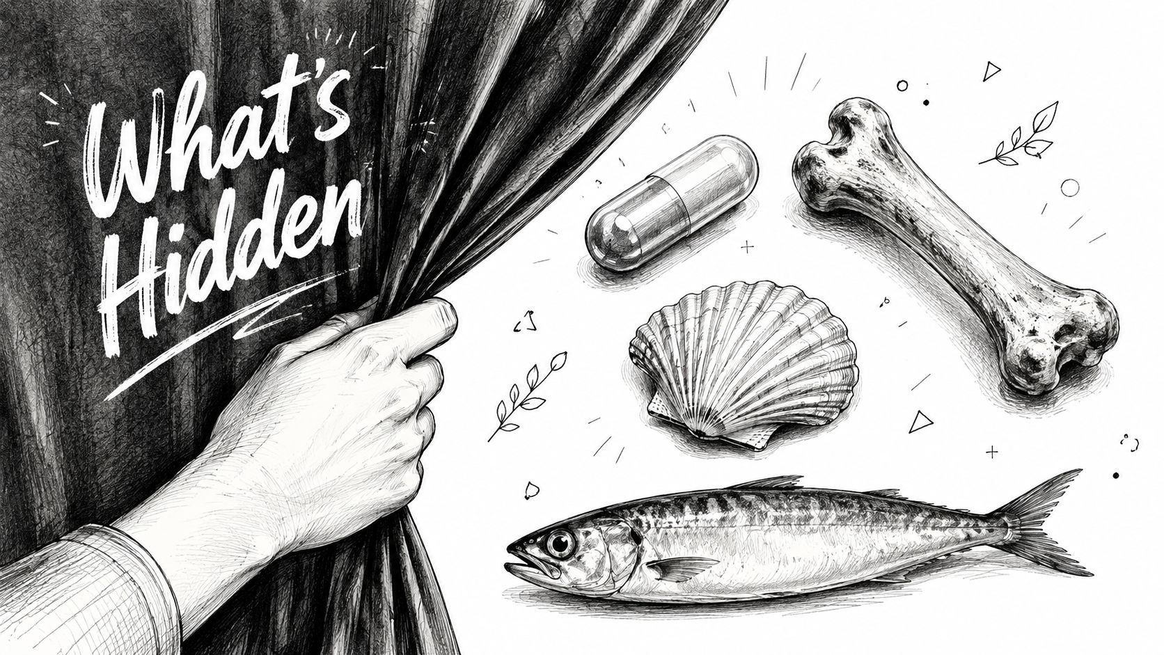 A sketched hand pulls back a curtain to reveal a supplement capsule, a bone, and a fish.