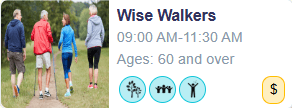 An event card for wise walkers, with photo and cost