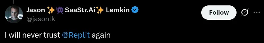 Jason Lemkin tweet: I will never trust Replit again