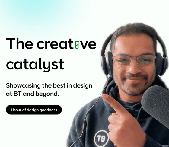 Poster for The Creative Catalyst with the host pointing at the title while dressed in podcast attire, standing in front of a microphone and recording setup