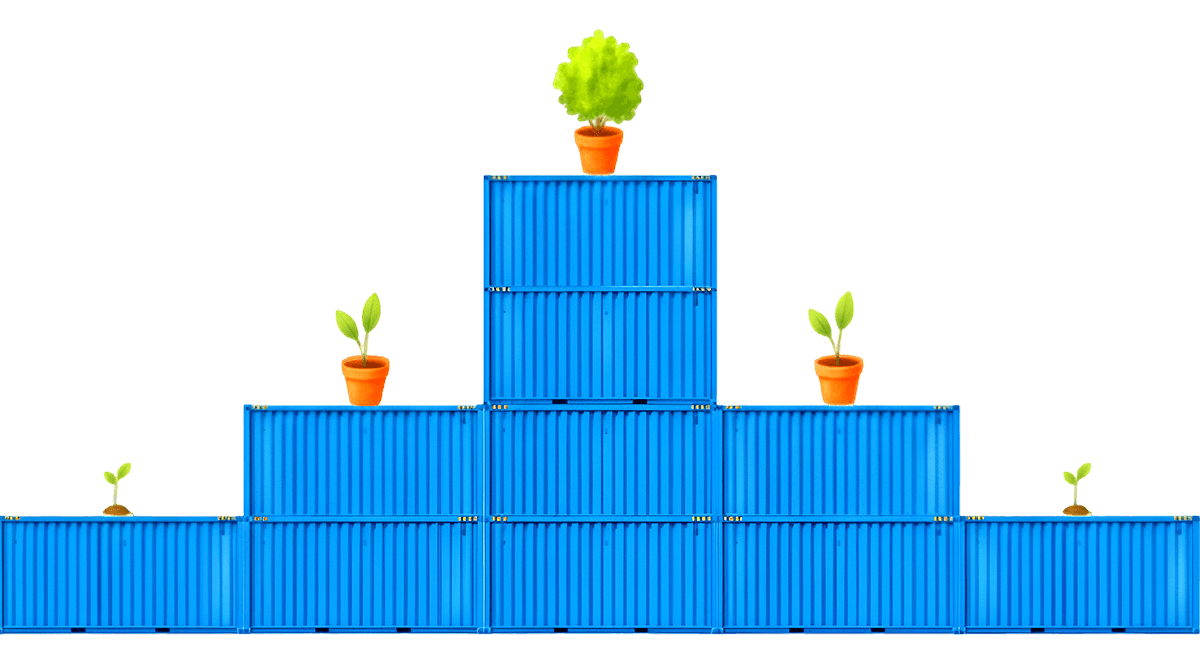 An lllustration of shipping containers arranged in a growing stack manner with a plant at the top of each stack.