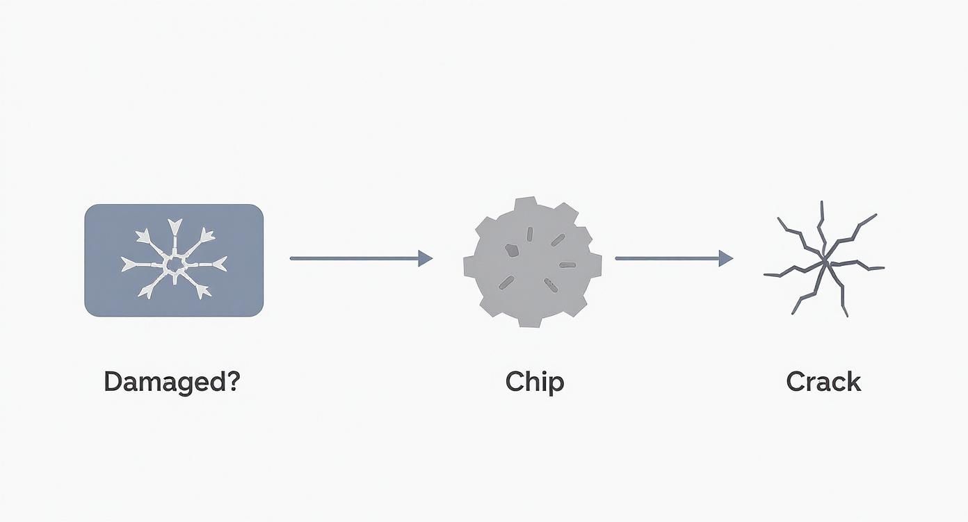 A visual flowchart illustrating how initial damage can progress into a chip and then a crack.