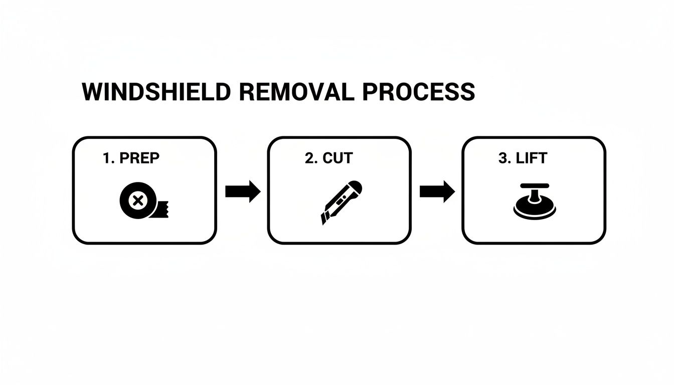 A flowchart outlining the three steps of the windshield removal process: prep, cut, and lift, with icons.