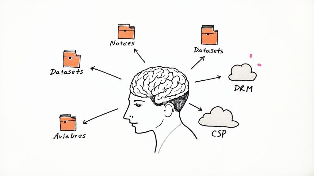 A brain diagram connected to folders labeled Notes, Datasets, AviaLures, and cloud icons for DRM and CSP.