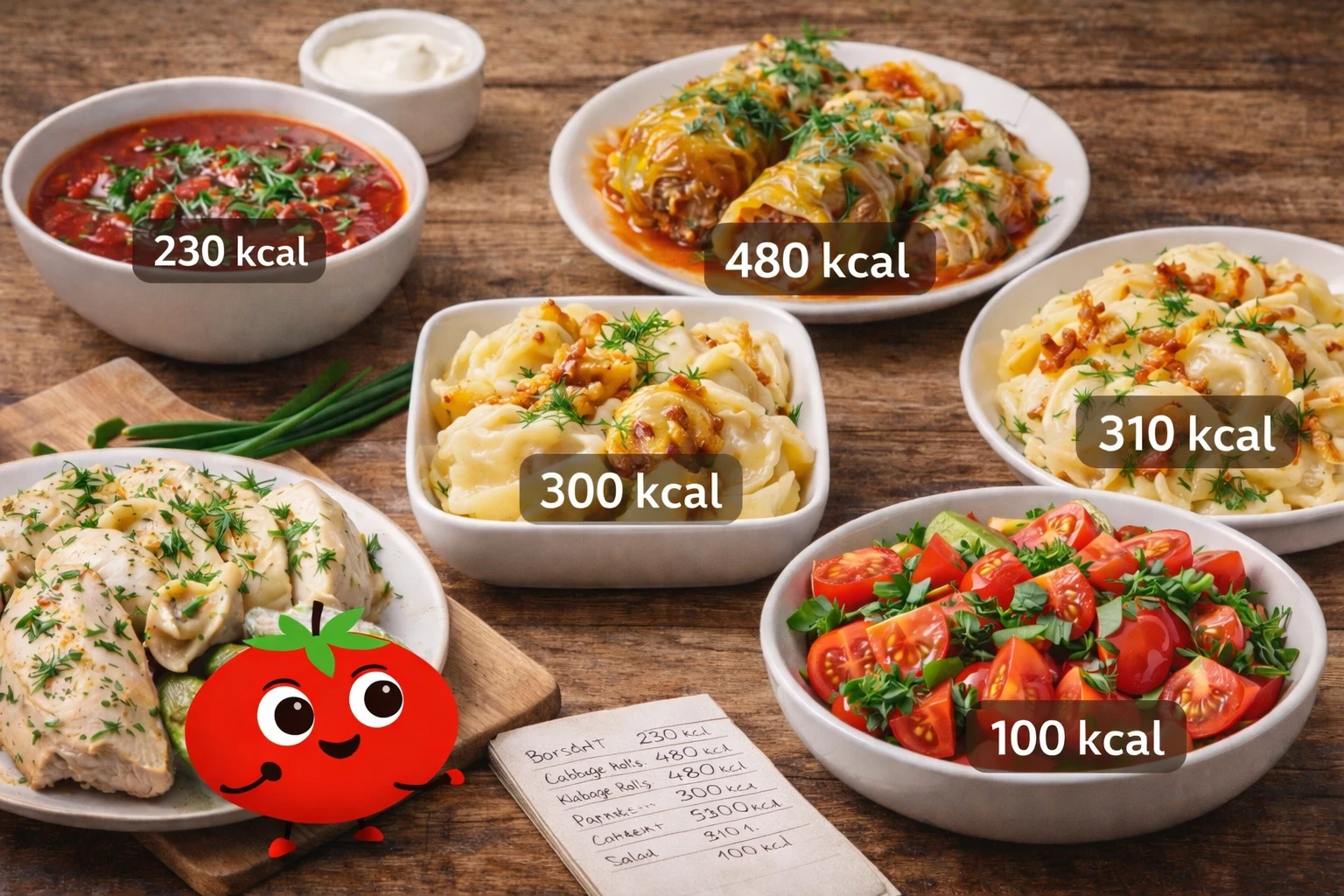 Different home-cooked dishes with displayed calorie values on a table.