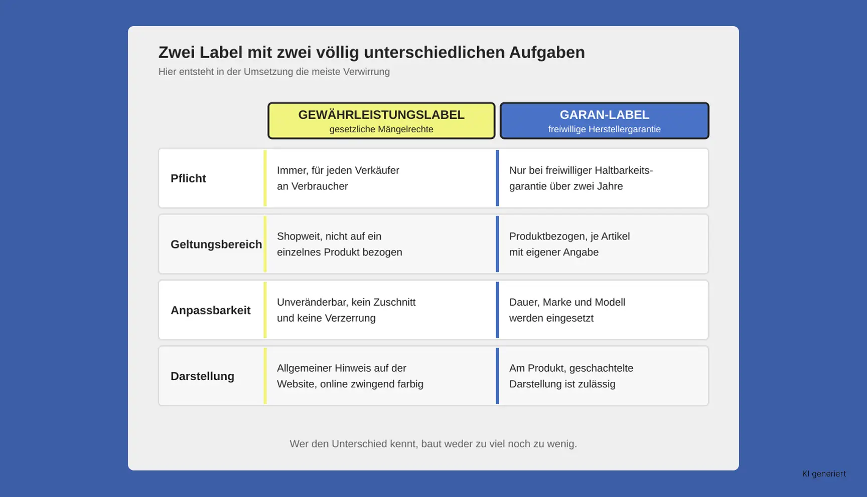 Vergleich von Gewährleistungslabel und GARAN-Label nach Pflicht, Geltungsbereich, Anpassbarkeit und Darstellung