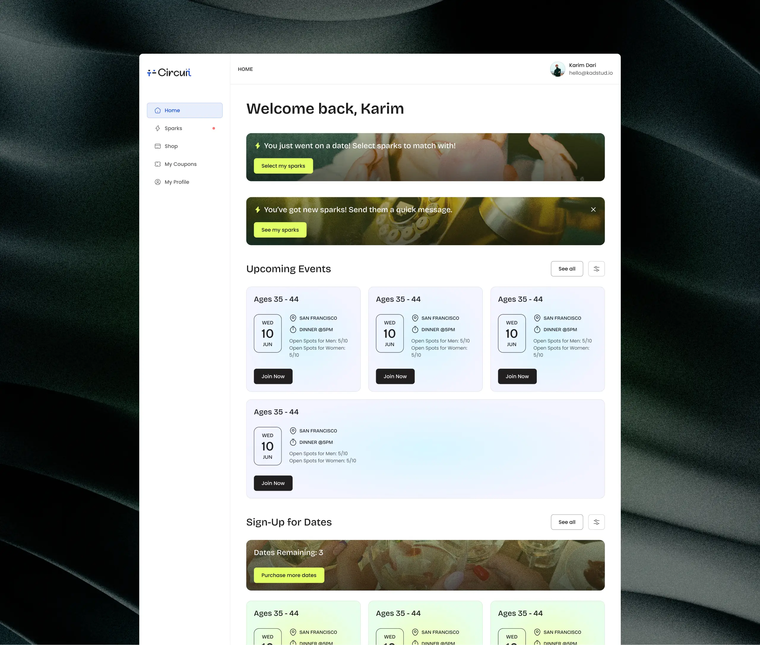 Web app screen displaying the Circuit calendar and profile dashboard.