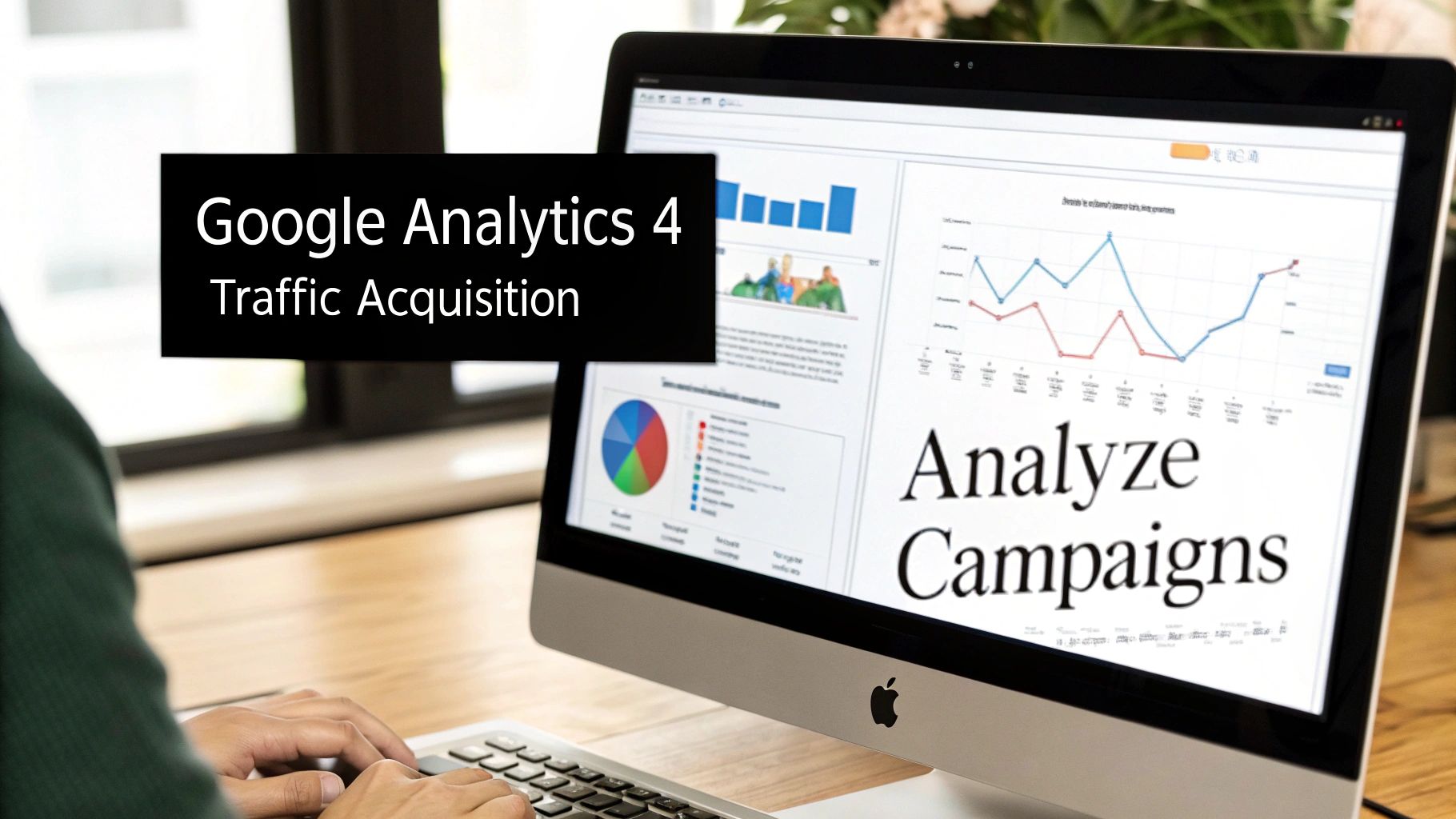 Person analyzing Google Analytics 4 traffic acquisition and campaign performance on a computer screen.