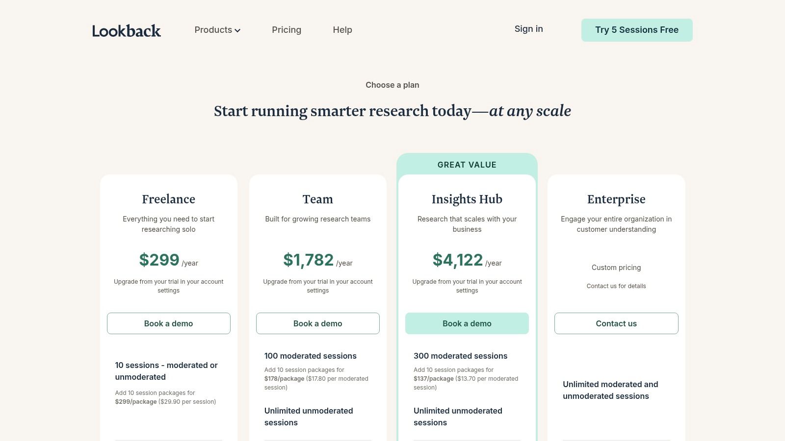 Lookback pricing plans showing different tiers and features