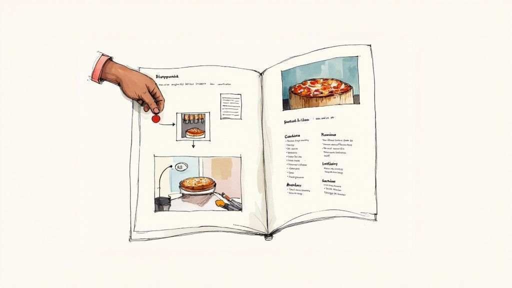 Hand pointing at illustrated cookbook showing pizza recipe with ingredients and baking instructions