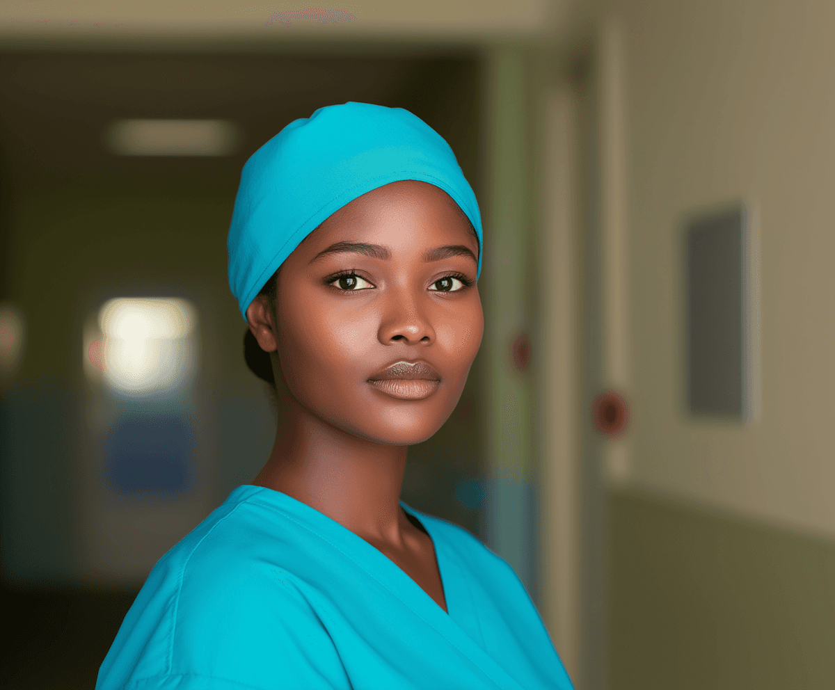 Confident Black female medical professional in turquoise scrubs, standing in a hospital corridor with a calm expression.
