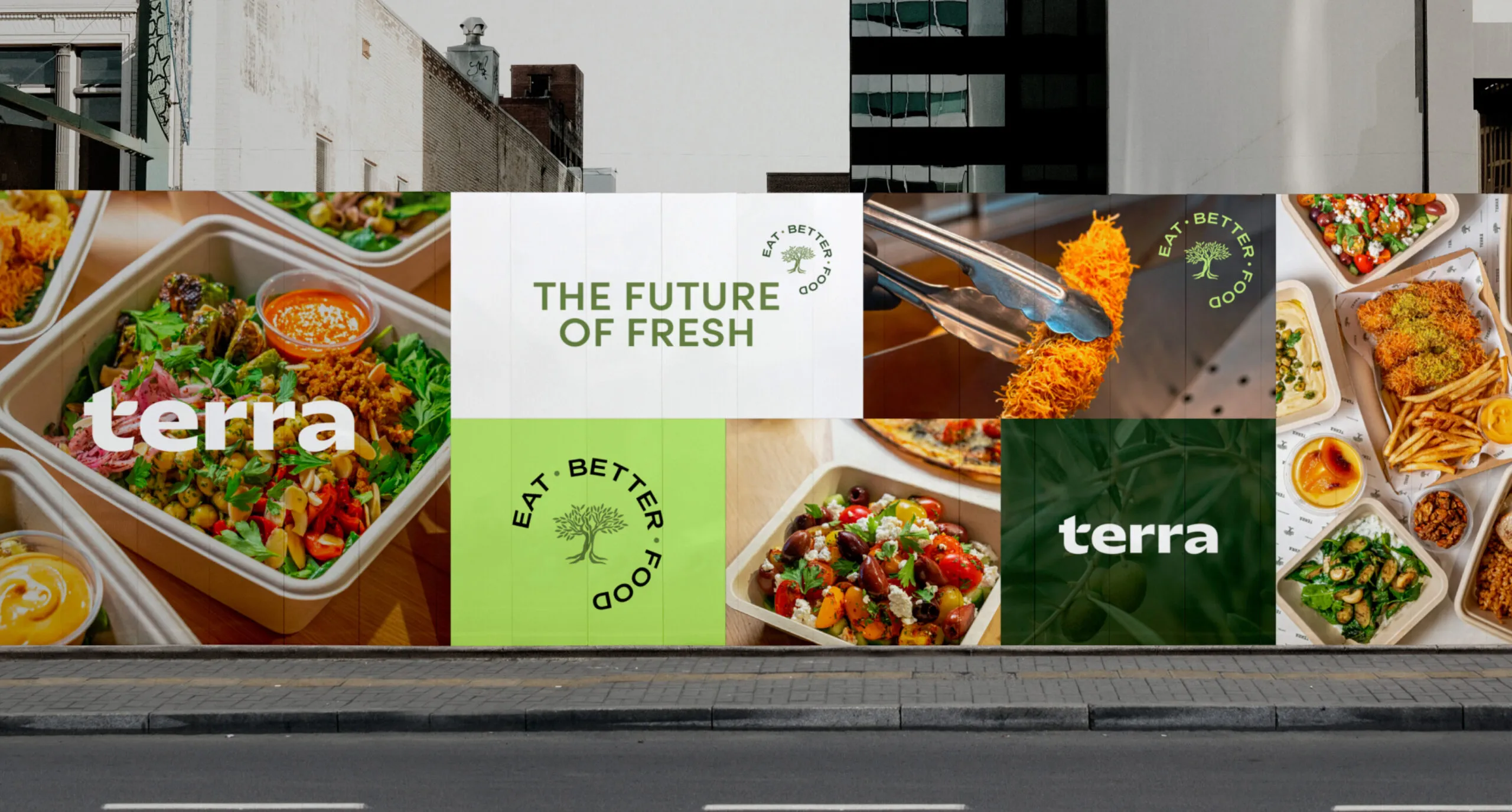 Terra fast-casual restaurant branding across storefront, packaging and digital touchpoints